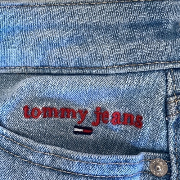 Tommy Jeans Cutoff Denim Shorts Destructed Size 2 Blue/Red Lettering  L… - Picture 6 of 8